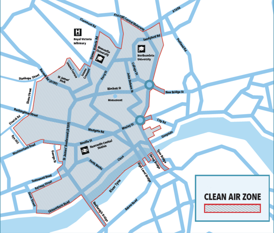 Newcastle Gateshead Tyneside CAZ area map